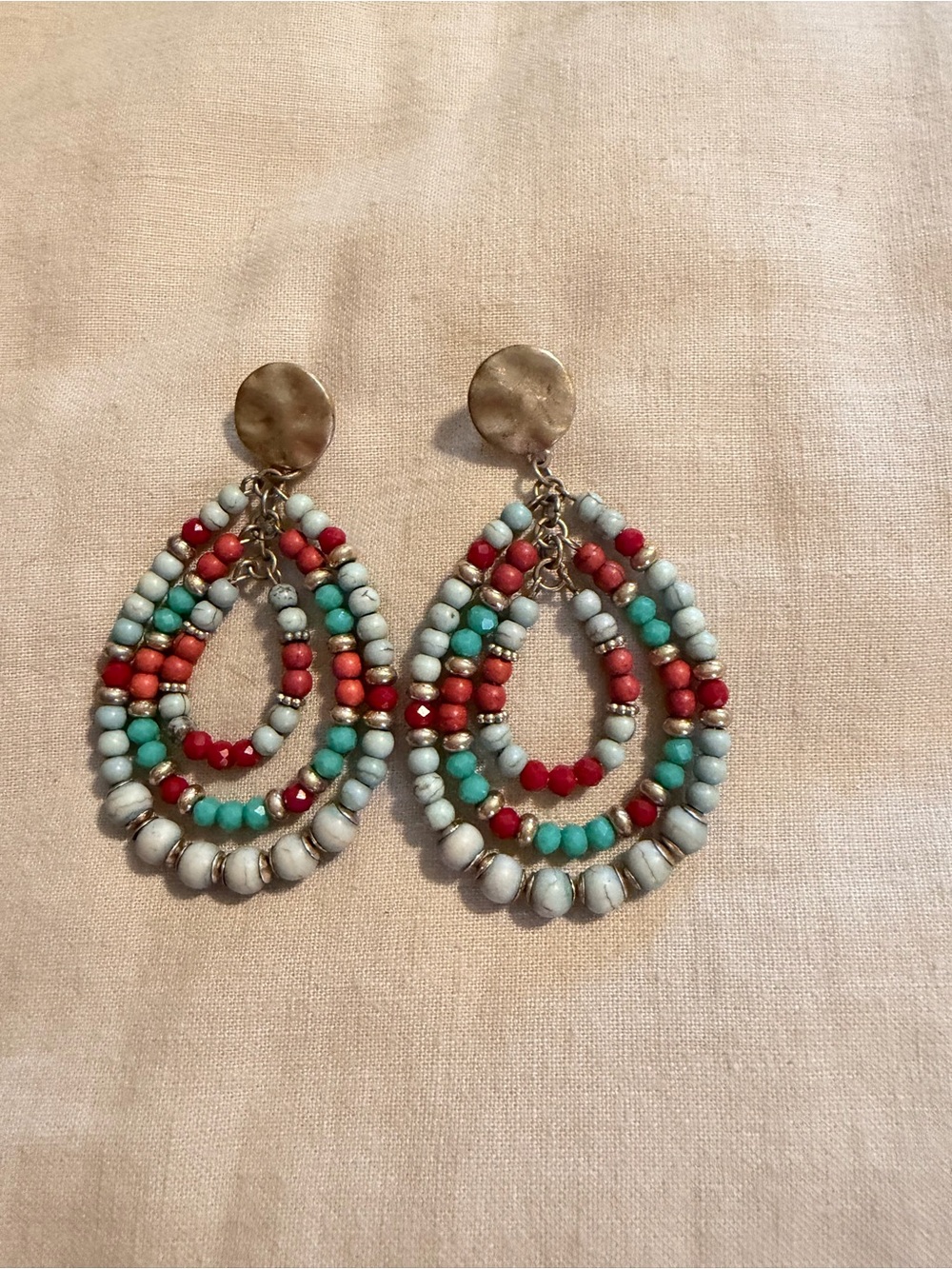 Beaded Teardrop Dangle Earrings - Red, Turquoise & sky blue